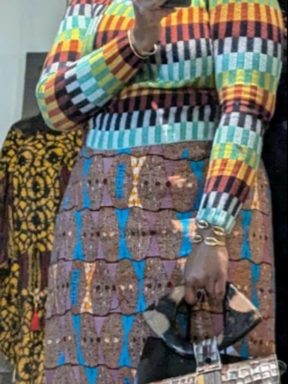 Ofuure African Print Midi Skirt Ankara Geometric Blue Brown High Waist Zip Slit - Picture 3 of 3